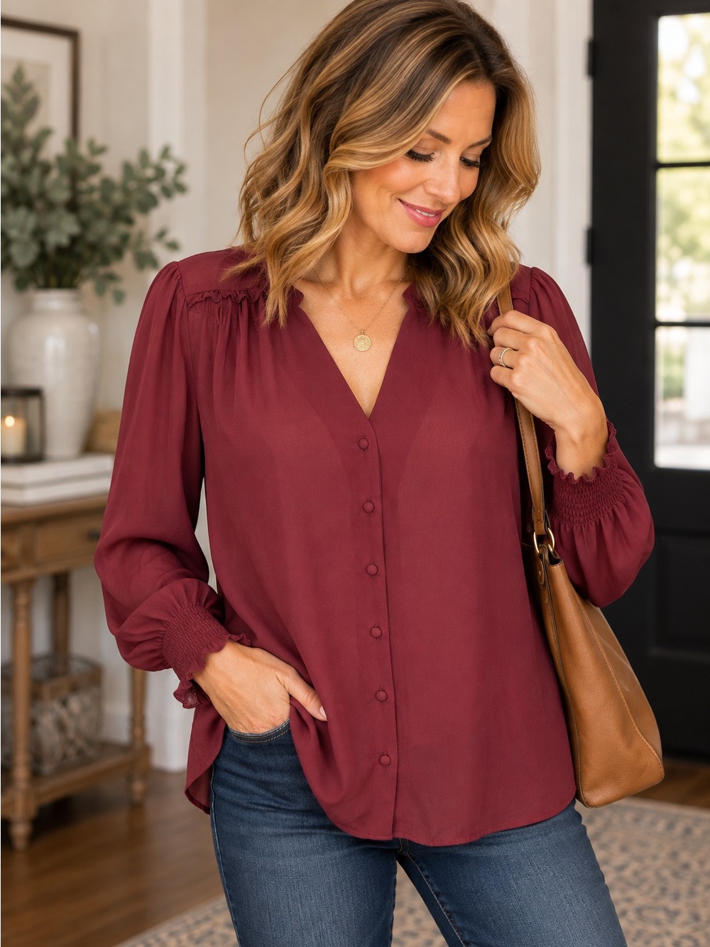 Nanette Lepore Button-Front V-Neck Blouse in Burgundy